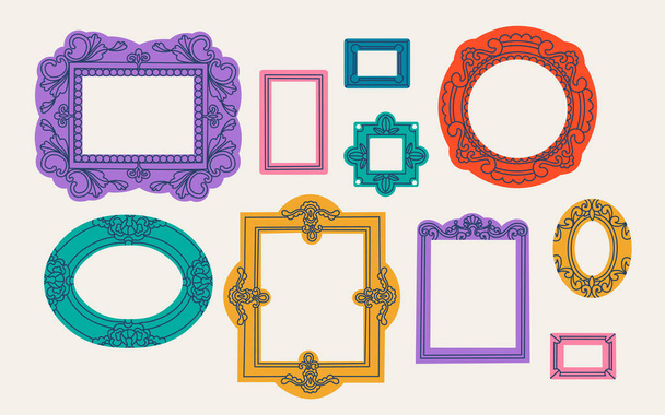 Big set of multicolored classic carved picture frames. Decorative frame for photos and drawings. Rectangular, oval, carved frame for museum or gallery. Vector isolated illustration for design. - Vector, Image