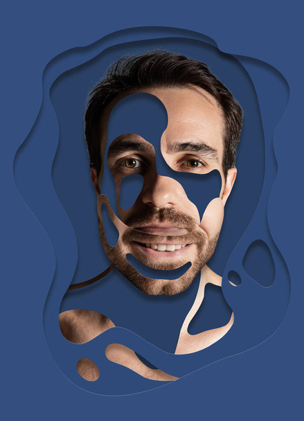 Contemporary artwork with young man on dark blue background with textured and layering effect. Ideas, inspiration, beauty. Psychology of personality, mental health concept. - Foto, Imagem