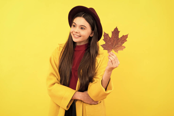 улыбающийся ребенок в шляпе и пальто с осенним кленовым листом на желтом фоне, сезон. - Фото, изображение