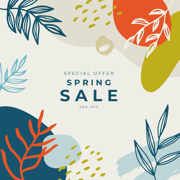 Floral spring design with white flowers, green leaves, eucaliptus and succulents. Round shape with space for text. Banner or flyer sale template, vector illustration. - Vecteur, image