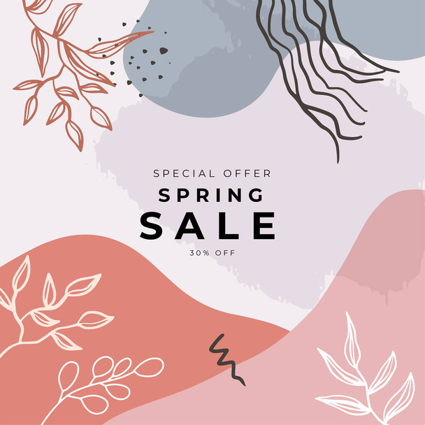 Hello spring flower frame vector template. Spring sale with hand drawn colorful pastel instagram post design template - Vektor, kép
