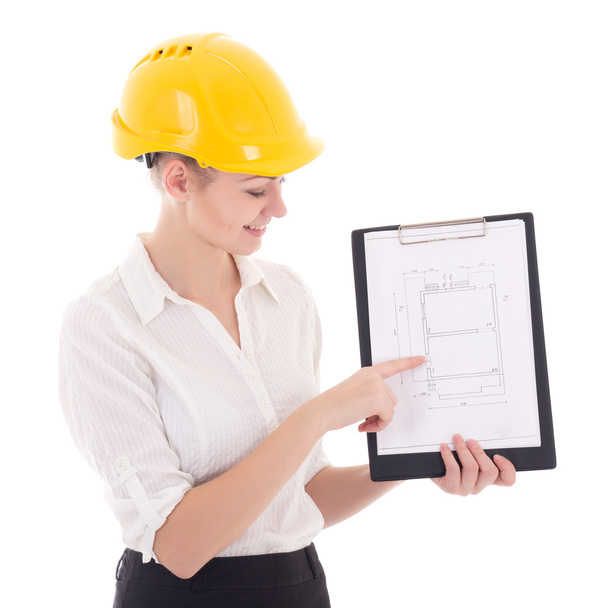 business woman architect in yellow builder helmet presenting bui - Foto, imagen