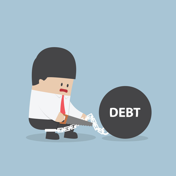 Businessman trying to destroy debt chain by hacksaw - Vector, Image