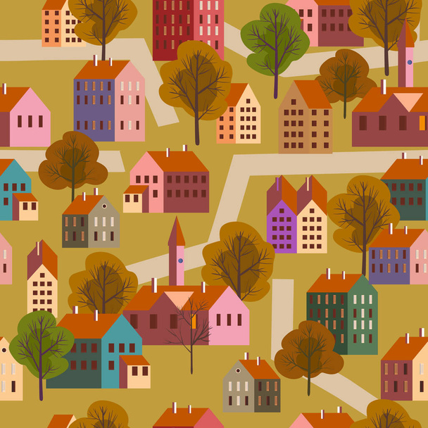 Nahtloses Muster Altstadt, minimaler flacher Stil. Herbstliche Landschaftsarchitektur. Geschenkpapier, Hintergrund der Tapete - Vektor, Bild
