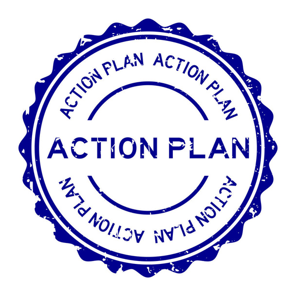 Grunge blue action plan word round rubber seal stamp on white background - Vector, Image