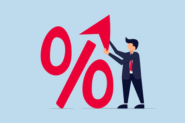 Interest rate, tax or VAT increase, loan and mortgage rate upward trend, investment profit or dividend rising up concept, businessman banker, FED or government put upward arrow on percentage symbol. - Vector, Image
