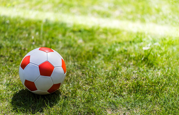 Кожаный футбольный мяч на футбольном поле. - Фото, изображение