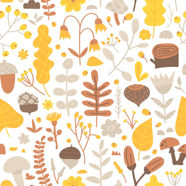 Vector seamless pattern of hand drawn flowers, leaves, branches, berries, mushrooms and acorns. Autumn illustration, fall, September, October and November atmosphere. Park, forest, grove with plants, herbs - Vettoriali, immagini