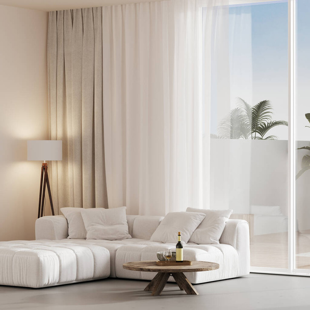 Beige sfeervolle ontspannen zomer woonkamer met terras en exotische palmbomen, 3d rendering - Foto, afbeelding
