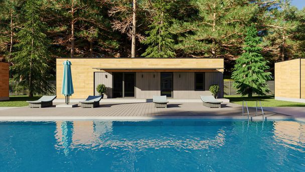 Centro de recreo con casas de marco. 3d renderizado de casas de colores en el bosque. Casa con piscina - Foto, imagen
