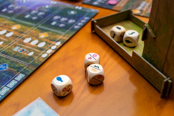 Friends playing board games. Detail of the dice used in this game. - Photo, Image