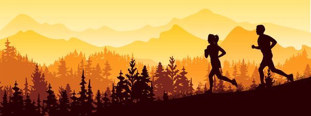 Silueta de chico y chica corriendo. Bosque, prado, montañas. Banner horizontal de paisaje. Ilustración naranja y amarilla. - Vector, imagen