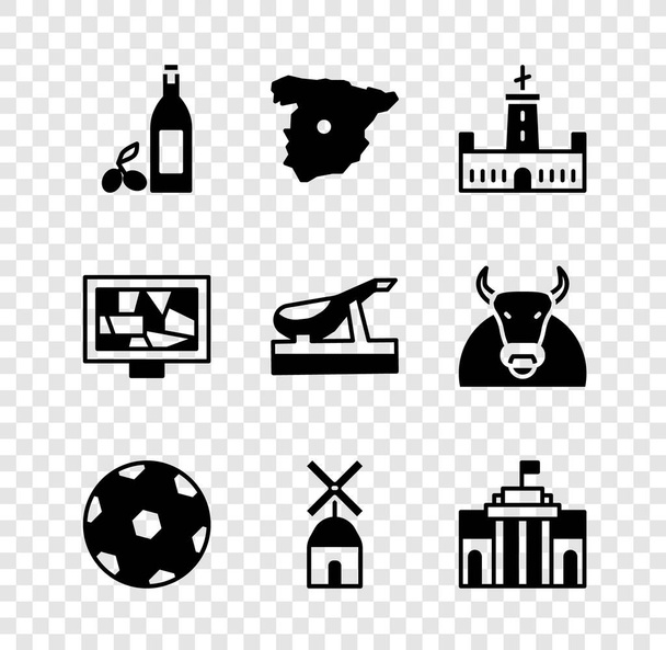 Set Bottle of olive oil Map Spain Montjuic castle Football ball Windmill Prado museum Picture art and Spanish jamon icon. Vector. - Vector, Image