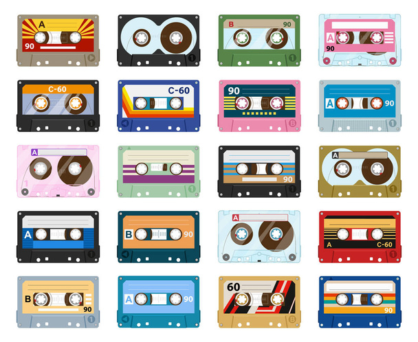 Magnetofonová kazeta, nahrávka z 80. let. Hudební kazeta, analogový přehrávač, stará páska, ploché vektorové symboly, ilustrační sada. Kazeta Retro 90s - Vektor, obrázek