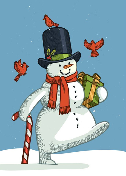 Muñeco de nieve en un sombrero de copa con un bastón de caramelo llevando un regalo con pájaros cardinales rojos volando alrededor. Vintage Navidad carácter ilustración aislada. - Vector, imagen