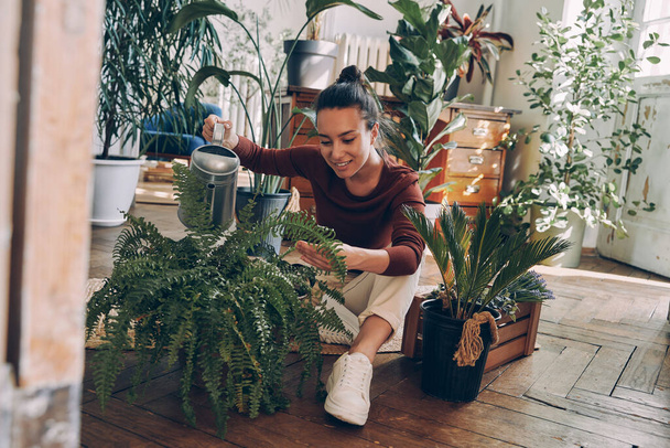 Confident young woman watering houseplants while sitting on the floor at home - Foto, imagen