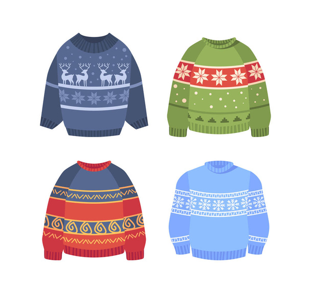 Zestaw tradycyjnych brzydkich świątecznych swetrów. Zabawna świąteczna odzież z jeleniem, różne słodkie druki i ozdoby. Czerwone, zielone i niebieskie swetry odizolowane na białym tle. Ilustracja wektora kreskówek - Wektor, obraz