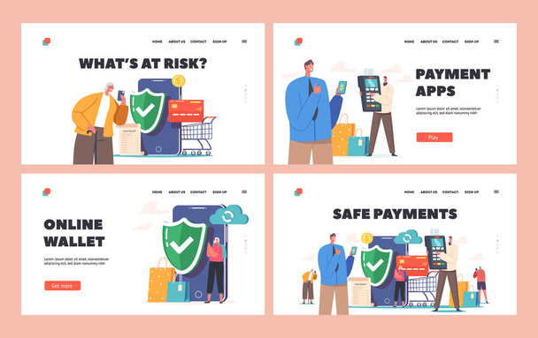 Characters Use Safe Payment Landing Page Template Set. Buyers Hold Credit Cards for Paying with Smartphone. People Make Secure Purchases Online, Pos, Cashless Paying. Cartoon Vector Illustration - Vector, Image
