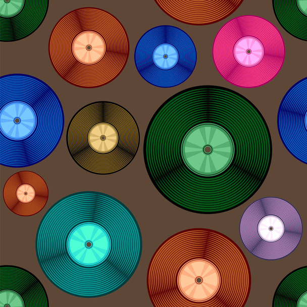 Vinyl colored plate disc isolated on brown background. Music retro seamless pattern. - Вектор, зображення