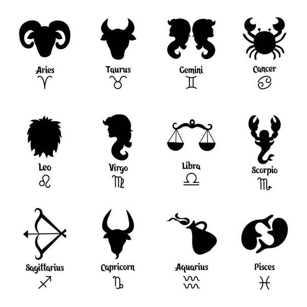Wat dierenriemtekens en hun namen. Zwart-wit ontwerp. Iconen, vector - Vector, afbeelding