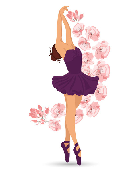 Una elegante bailarina bailando en un vestido morado y zapatos puntiagudos y flores voladoras. Ilustración, vector - Vector, Imagen
