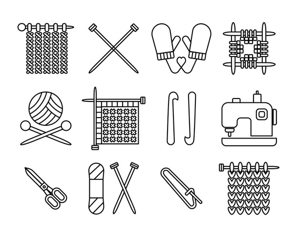 Tricô, esboço ícones definidos. Tricotar agulhas fio gancho tesoura tricô máquina. Conceito de passatempo e bordado. Modelos, vetor - Vetor, Imagem