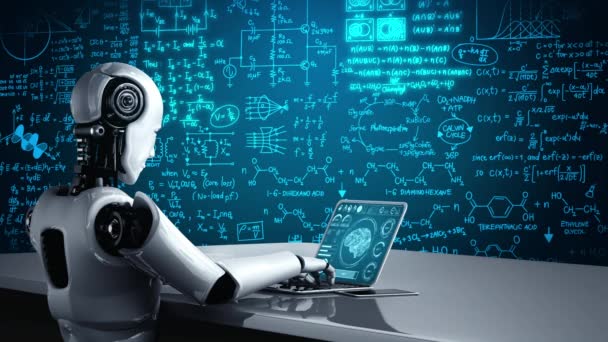 Roboter-Hominoiden nutzen Laptop und sitzen am Tisch, um Ingenieurwissenschaften zu studieren und KI-Denkgehirn, künstliche Intelligenz und maschinelles Lernen für die vierte industrielle Revolution zu nutzen. 3D-Rendering - Filmmaterial, Video
