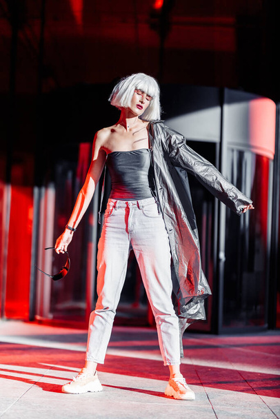 Futuristic style. Cyberpunk woman. High quality photo - Fotoğraf, Görsel
