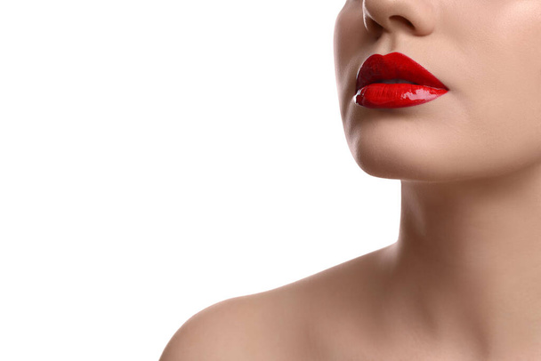 Closeup view of woman with beautiful full lips on white background - Zdjęcie, obraz