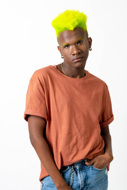 A gay black man in studio with white background, LGTBI concept - Zdjęcie, obraz