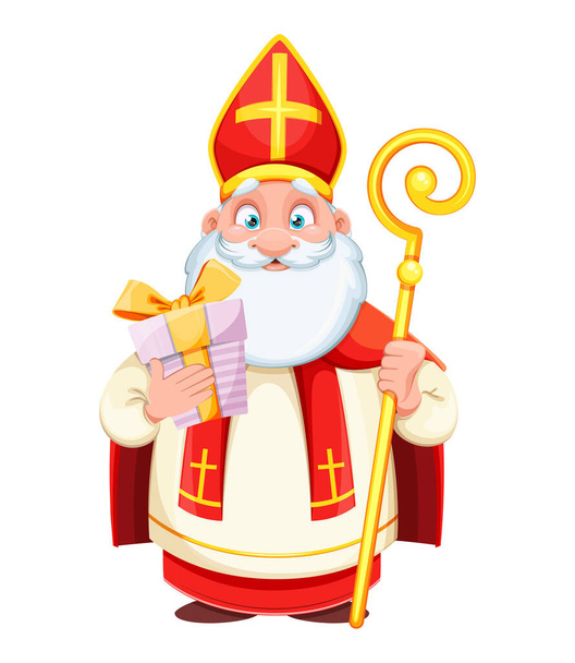 Şirin Aziz Nicholas mı yoksa hediye kutulu Sinterklaas mı? Mutlu Aziz Nicholas Günü. Sevimli çizgi film karakteri. Beyaz arkaplanda stok vektör illüstrasyonu - Vektör, Görsel