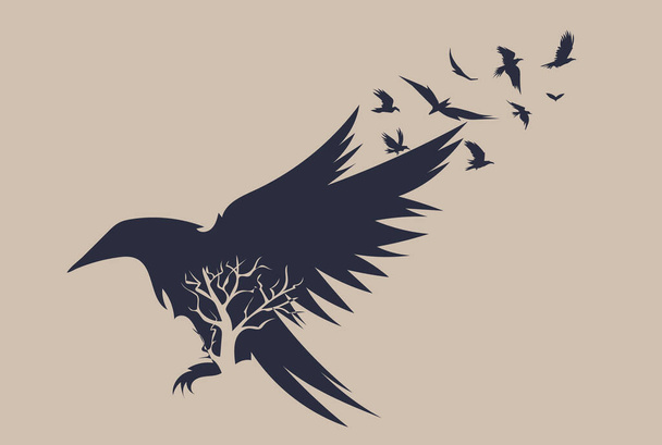 Эскиз летающего ворона. Ручной рисунок, преобразованный в вектор. Векторная иллюстрация - Вектор,изображение