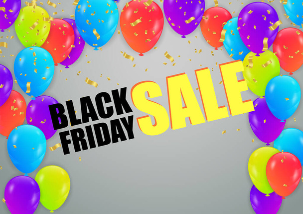 Black friday sale banner layout  posters or flyers design with balloons and confetti. Vector illustration. Place for text. - Vector, Imagen