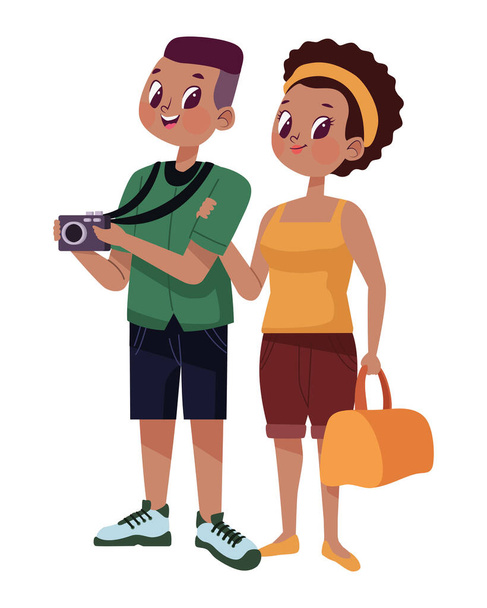 afro turistas casal com personagens de câmera - Vetor, Imagem