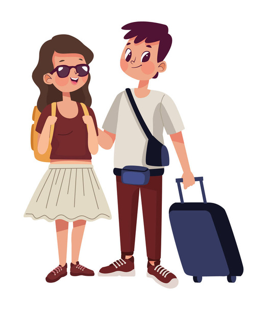 tourists couple with suitcase characters - Vector, Image