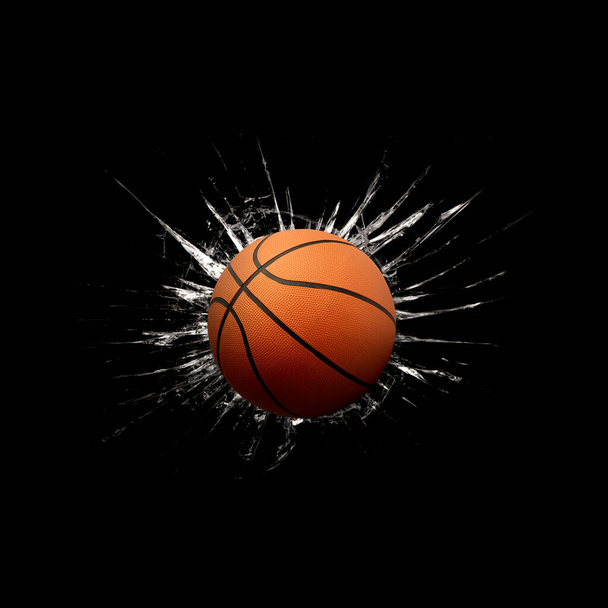 Fast basketball through broken glass on black background - Photo, Image