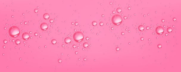 Gotas de agua sobre fondo rosa, esparcir burbujas acuáticas esféricas, textura líquida húmeda. Plantilla para el producto de belleza, humedad, cuidado de la piel diseño de anuncios de producción cosmética, vector realista 3d Ilustración - Vector, imagen