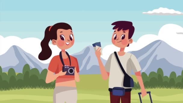 mladí turisté pár v terénu animace, 4k video animované - Záběry, video