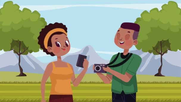 afro touristes couple dans le camp animation, 4k vidéo animée - Séquence, vidéo