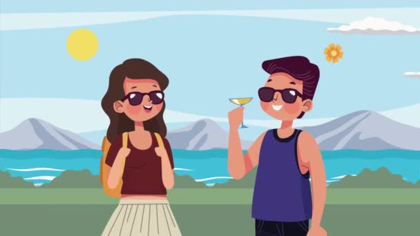 jeune couple de touristes dans l'animation du lac, 4k vidéo animée - Séquence, vidéo