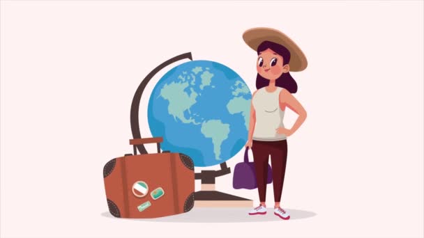joven turista femenina con animación bolso, 4k video animado - Imágenes, Vídeo