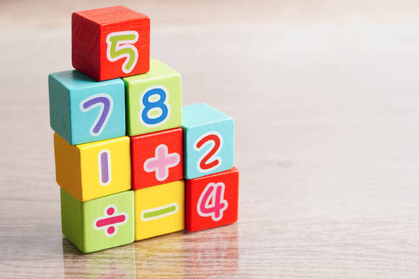 Number wood block cubes for learning Mathematic, education math concept. - Fotoğraf, Görsel