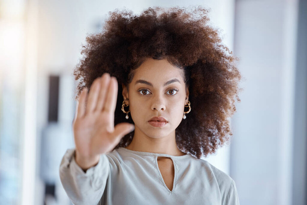 Hands, hr and manager stop sign with hand in office, serious, power and change in corporate. Black woman fighting sexual harassment, discrimination and toxic work environment with employee protection. - Fotó, kép