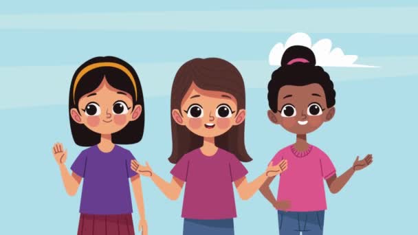 Μικρά διαφυλετικά κορίτσια χαρούμενους χαρακτήρες, 4k βίντεο κινούμενα - Πλάνα, βίντεο