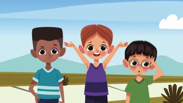 poco interracial chicos feliz personajes, 4k video animado - Imágenes, Vídeo