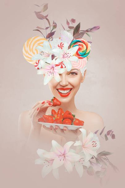Abstrakte zeitgenössische Kunst Collage Porträt einer jungen Frau mit frischer Erdbeere - Foto, Bild
