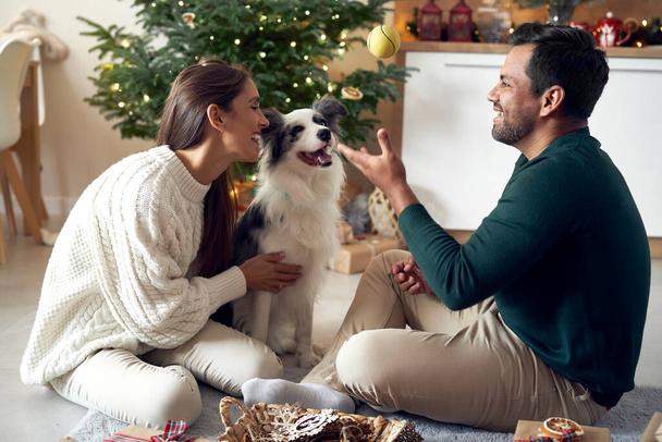 Πολλαπλών εθνικοτήτων ζευγάρι ξοδεύουν χρόνο με το σκυλί τα Χριστούγεννα - Φωτογραφία, εικόνα