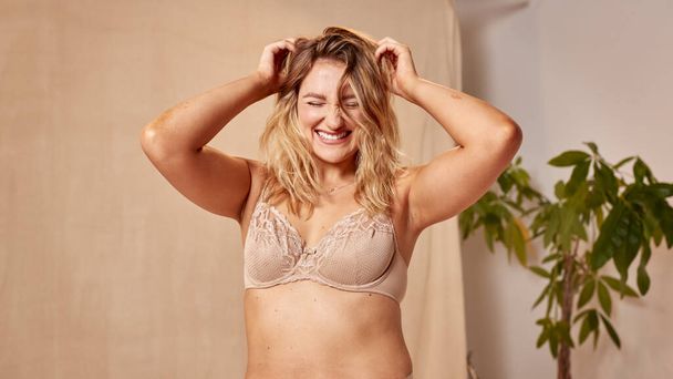 Studio Shot Of Confident Natural Woman In Underwear Promoting Body Positivity - Photo, Image