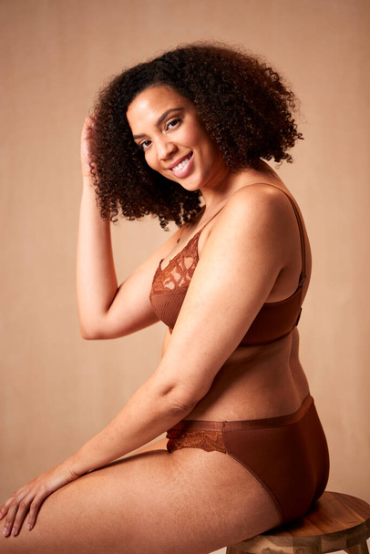 Studio Portrait Shot Of Confident Natural Woman In Underwear Promoting Body Positivity - Fotoğraf, Görsel