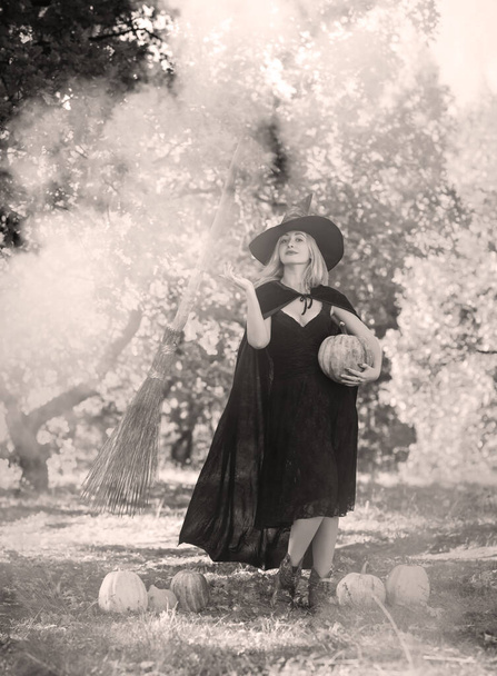 Mystieke scène met heks in zwarte hoed en jurk, cape, stijl voor Halloween, dames modieuze carnaval traditionele kostuum - Foto, afbeelding